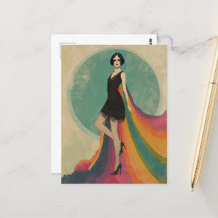 Flapper Vrouw in een regenboogcape en zwarte jurk Briefkaart