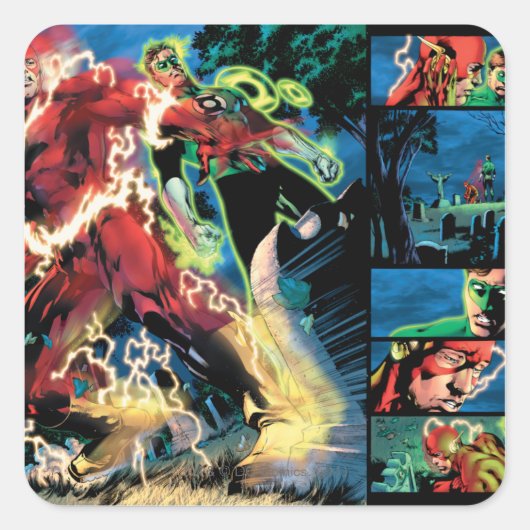 Flash- en Groene Lantern-paneel Vierkante Sticker (Voorkant)