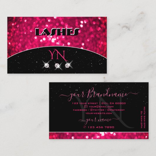 Flashy Black Girly Pink Sparking Glitter Monogram Visitekaartje (Voorkant / Achterkant)
