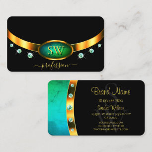 Flashy Black Gold Blauwgroen Marble Monogram Diamo Visitekaartje