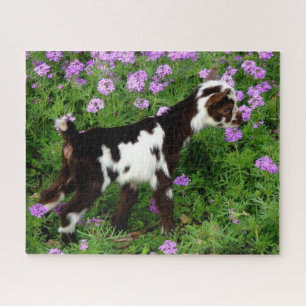 Flashy Nigerian Dwarf Goat Kind in paarse bloemen Legpuzzel