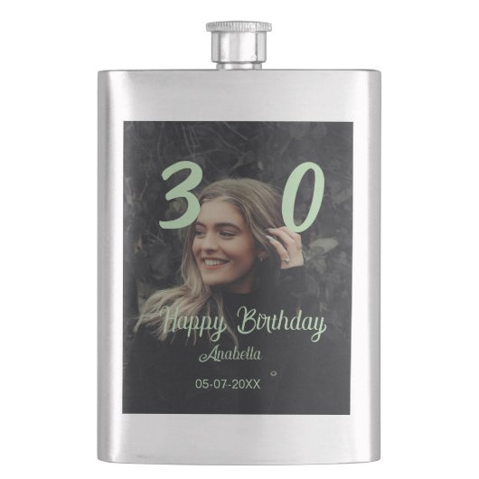 Flasque 30e anniversaire ajouter nom date année vert paste (devant)