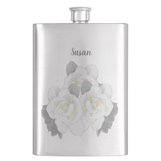 Flasque Belle Gardenia blanche Fleurs sur Argent (devant)