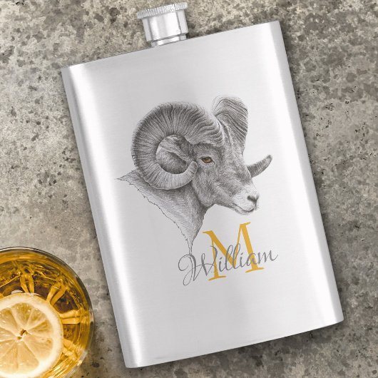 Flasque Bighorn Ram Animal art Aries Zodiac signe Monogram