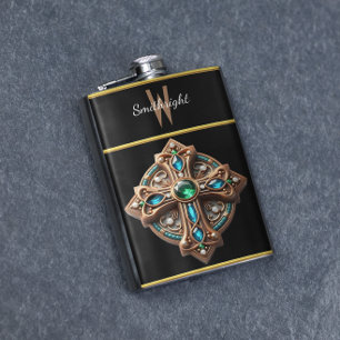 Flasque Broche Ethereal Cross avec pierres bleues et verte