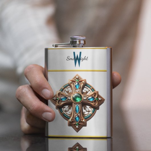 Flasque Broche Mystic Cross avec pierres bleues et vertes