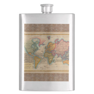 Flasque Carte du Monde 1780 Bonne Antique Planisphère