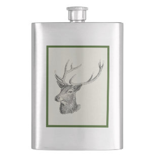 Flasque Cerf Buck Head avec Antlers Black and White Art