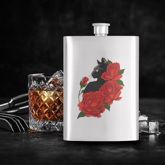 Flasque Chat noir Roses rouges pourpres