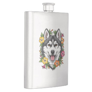 Flasque Chien de Traîneau Husky Et Fleurs Colorées de Mira