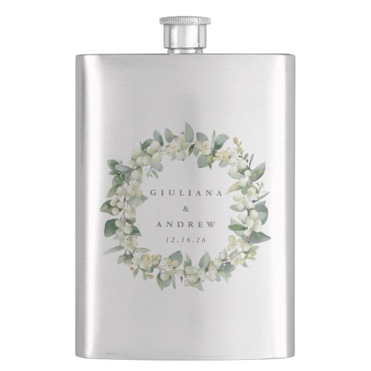 Flasque Couronne de neige et d'eucalyptus Mariage personna (devant)