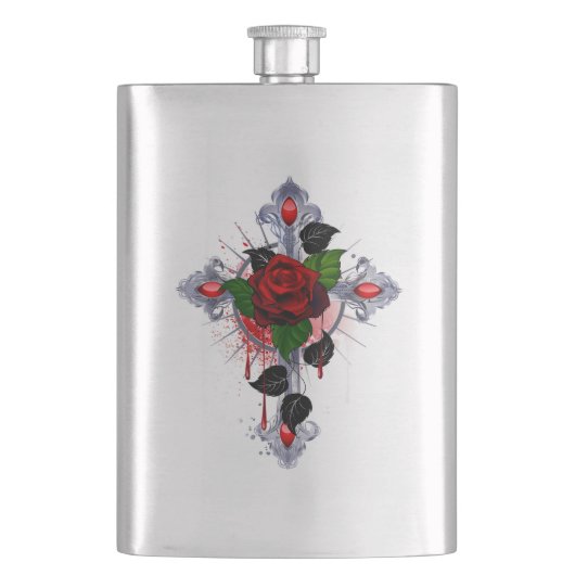 Flasque Croix d'argent avec une rose rouge (devant)