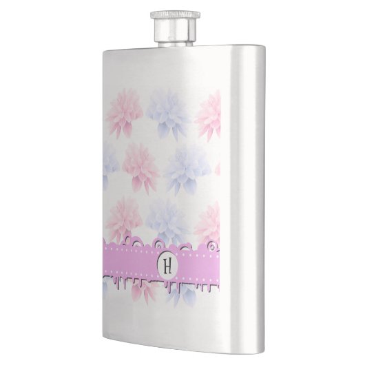 Flasque Dahlia Rose, Dahlia Bleue, Fleurs, Monogramme (Gauche)