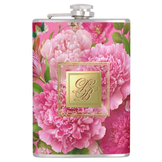Flasque de fête à monogramme floral rose et vert g (Devant)