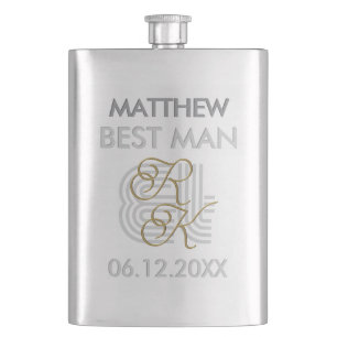 Flasque Elégant Moderne Luxe Gris & Or Nom Monogramme