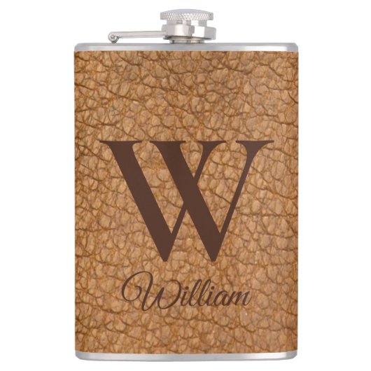 Flasque en faux cuir marron avec monogramme élégan (Devant)