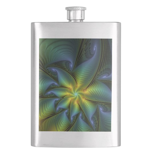 Flasque Etoile Abstraite, Bleu brillant Vert Or Fractal Ar (devant)