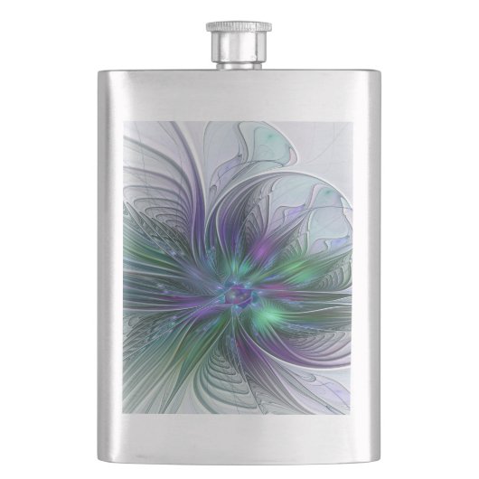 Flasque Fleur verte abstraite moderne d'art fractal violet (devant)