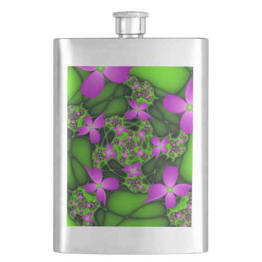 Flasque Fleurs fractales néon rose vert moderne abstrait (devant)