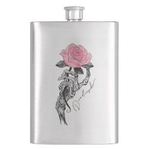 Flasque Goth Squelette Main Avec Rose Rose Rose Décès à