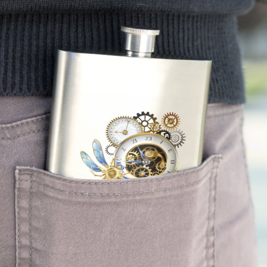 Flasque Horloge à vapeur avec libellule mécanique (En situation)