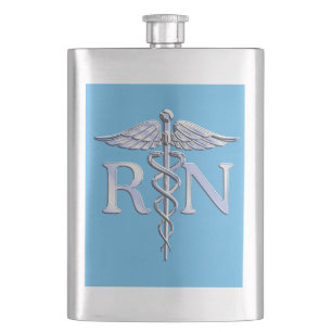 Flasque Infirmière inscrite RN Silver Caduceus sur Bleu bé