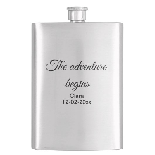 Flasque L'aventure commence nom date année lieu (devant)
