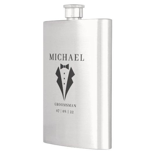 Flasque Mariage GROOMSMAN Nom et date personnalisés Tuxedo (Gauche)