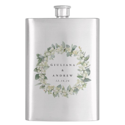 Flasque Mariage personnalisé Snowberry & Eucalyptus Wreath (devant)