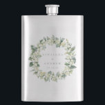 Flasque Mariage personnalisé Snowberry & Eucalyptus Wreath<br><div class="desc">Une fiole de hip élégante et personnalisée pour les célébrations/faveurs/conservsakes mariages. Doté de baies de neige peintes à la main et d'eucalyptus disposés en une belle couronne botanique. Tout le texte est entièrement modifiable de sorte que vous pouvez facilement modifier le message et modifier le style/la couleur/la taille/le placement de...</div>