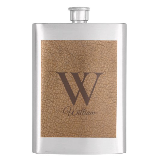 Flasque Marque de luxe initiale monogrammée en cuir brun f (devant)