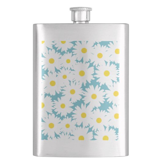 Flasque Négative Space Daisies blanc jaune sur bleu (devant)