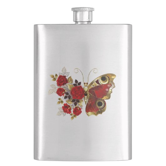 Flasque Papillon de fleurs rouges aux roses rouges (devant)