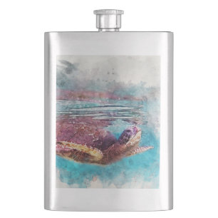 Flasque Peinture d'aquarelle de la tortue verte d'Hawaï