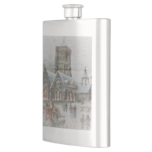 Flasque Père Noël ancienne avec enfants devant une église (Gauche)