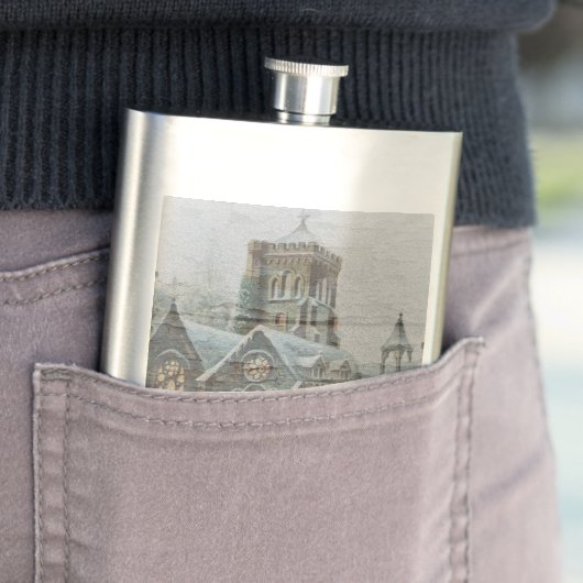 Flasque Père Noël ancienne avec enfants devant une église (En situation)