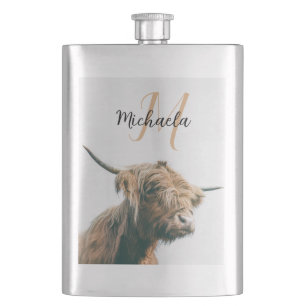 Flasque Portrait de vache Highland nom personnalisé monogr