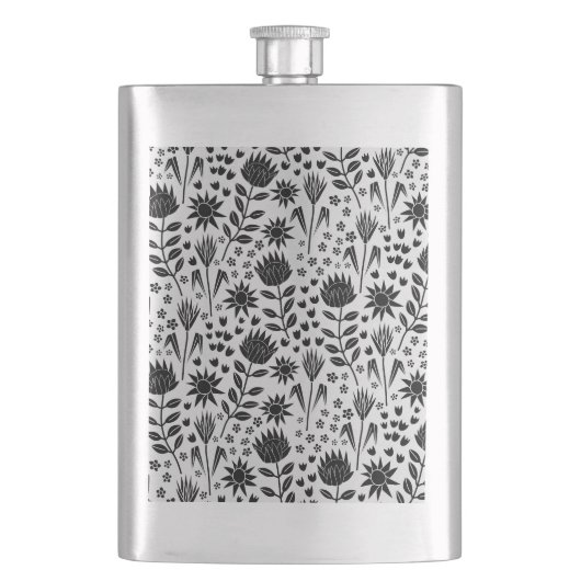 Flasque Protea Floral Block Imprimer Millefleur noir blanc (devant)