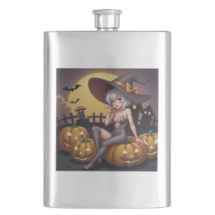 Flasque Sorcière d'Halloween sur des citrouilles de Jack-O