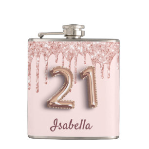 Flasques 21e anniversaire rose or gouttes d'or amis