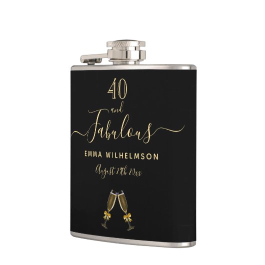 Flasques 40 fabuleux anniversaire noir or script monogramme (Gauche)