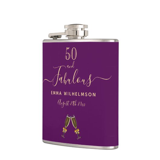 Flasques 50 fabuleux anniversaire violet or script monogram (Gauche)