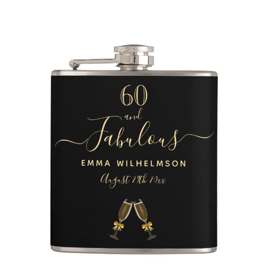Flasques 60 fabuleux anniversaire noir or script monogramme (Devant)
