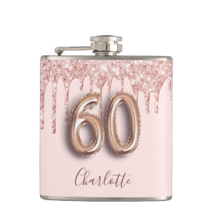 Flasques 60e anniversaire rose or parties scintillant nom d