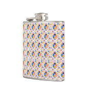 Flasques A metal flask is shown with a vibrant geometric  (Gauche)