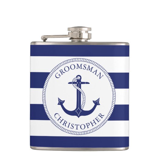 Flasques Ancre nautique Marine Bleu Stripe Groomsman (Devant)