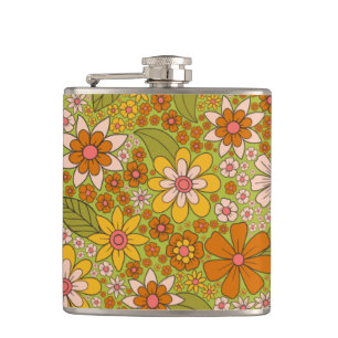 Flasques Années 1960, 1970 Vert & Orange Retro Floral