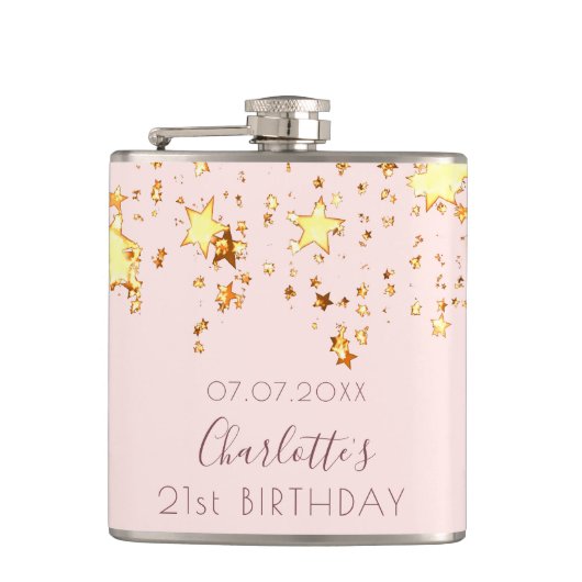 Flasques Anniversaire rose or blush étoiles nom (Devant)