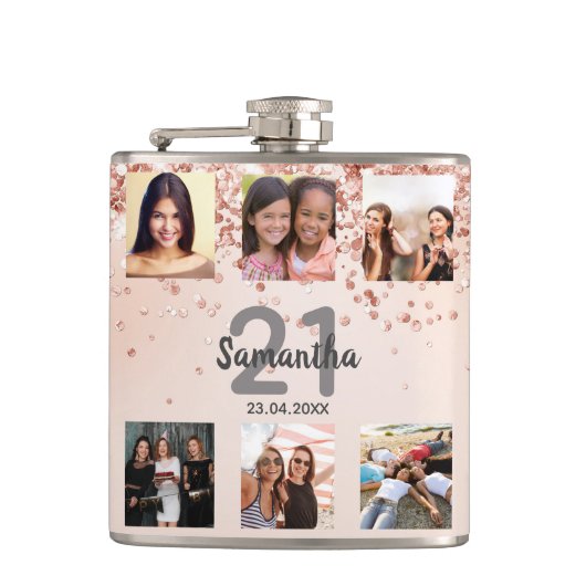 Flasques Anniversaire rose or photo nom collage (Devant)