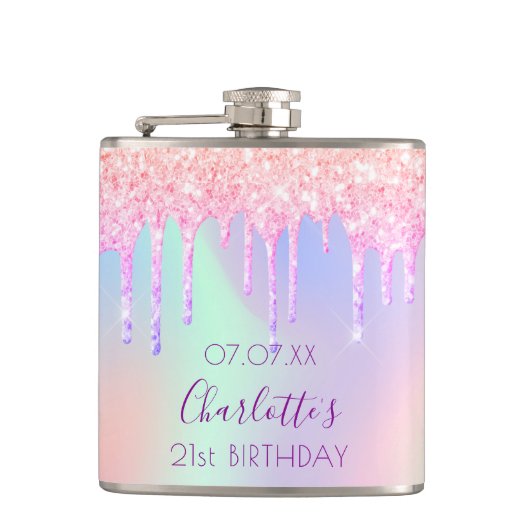 Flasques Anniversaire rose parties scintillant gouttes nom  (Devant)